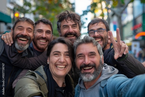 Group of friends taking selfie in the city. They are laughing and having fun.