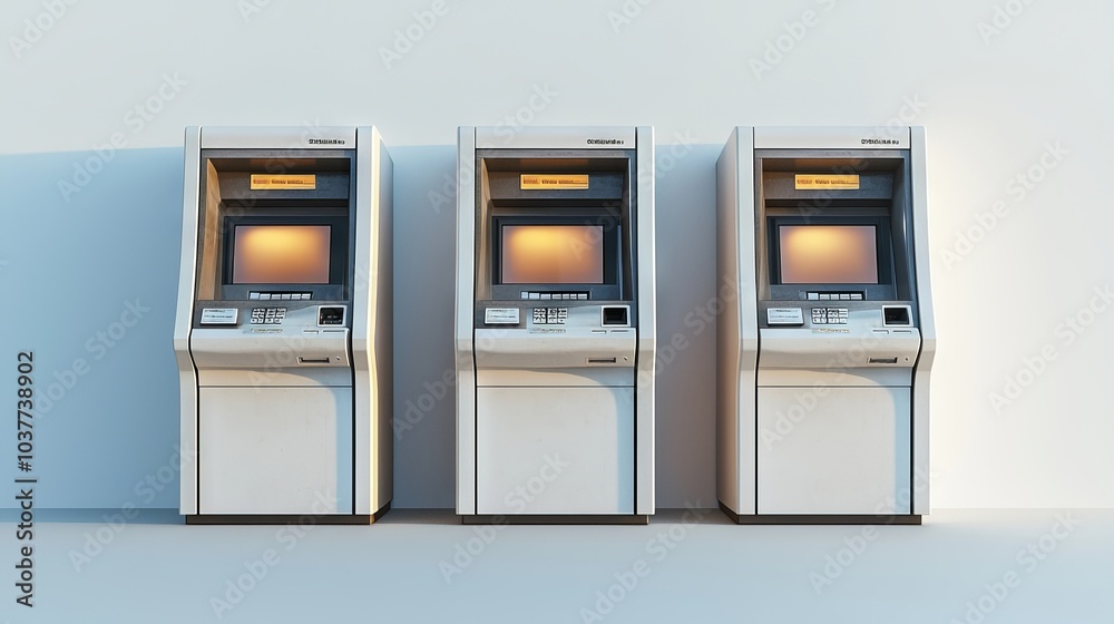 Three ATMs lined up in a row against a simple white background Three ATMs lined up in a row against a simple white background