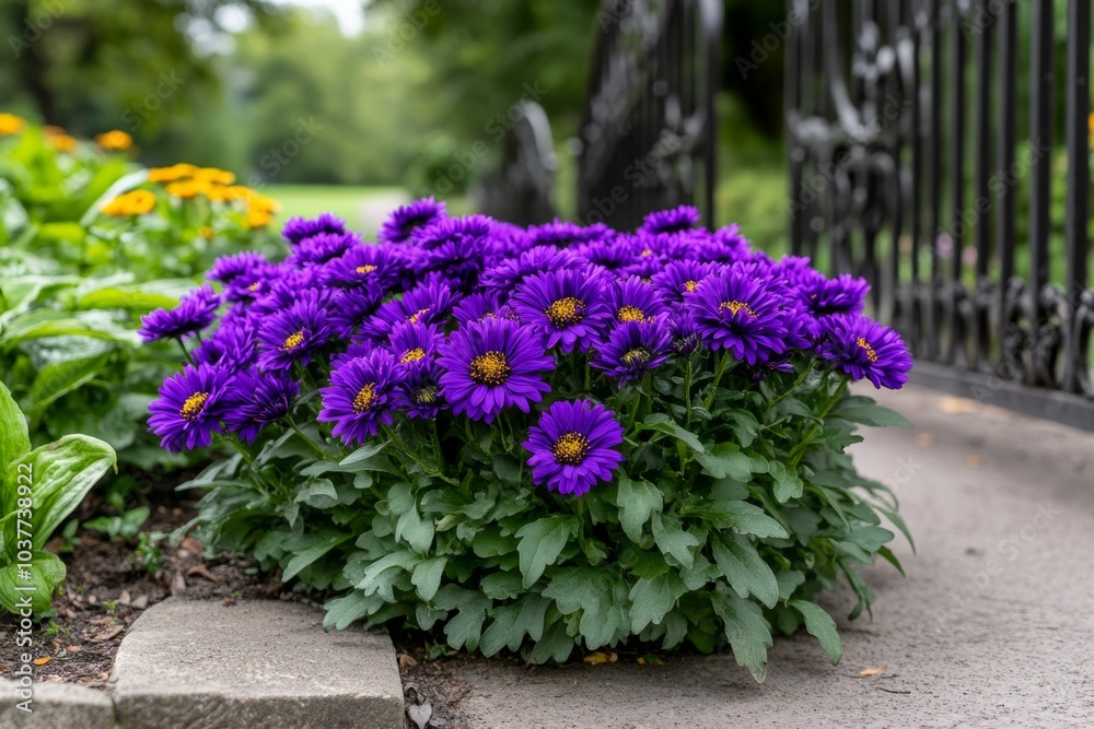 Aster flowers growing in a dark, gothic garden, their deep purple petals framed by black iron gates Aster flowers growing in a dark, gothic garden, their deep purple petals framed by black iron gates