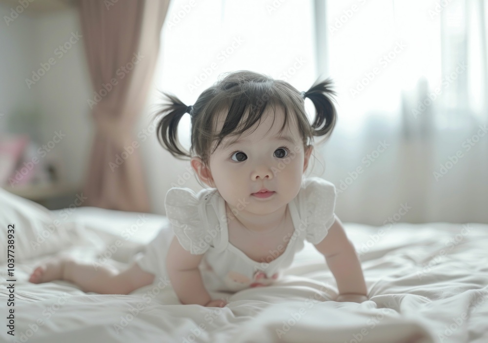 custom made wallpaper toronto digitalCute child crawling on a bed, curious expression, bright indoor light softly illuminating the scene, cozy atmosphere with soft bedding Perfect for family or childhood themes