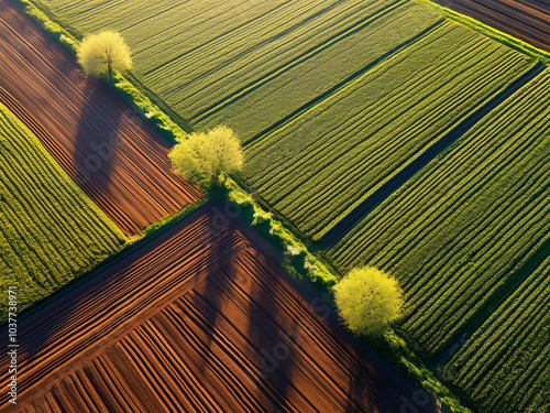 Aerial top-down view of agricultural fields with contrasting green crops and brown plowed earth. Trees along the boundary line cast long shadows in the golden hour sunlight.