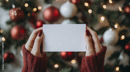 Hands holding empty greeting card and christmas ornaments.