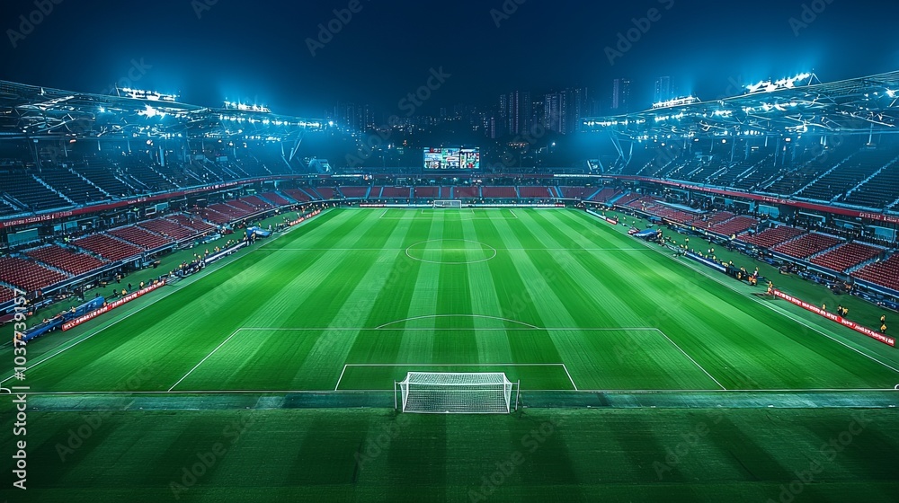 Night view of a soccer stadium with bright lights illuminating the field Night view of a soccer stadium with bright lights illuminating the field