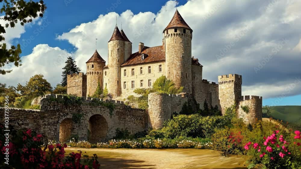 A large, stone castle stands tall against a backdrop of blue sky and fluffy white clouds A large, stone castle stands tall against a backdrop of blue sky and fluffy white clouds