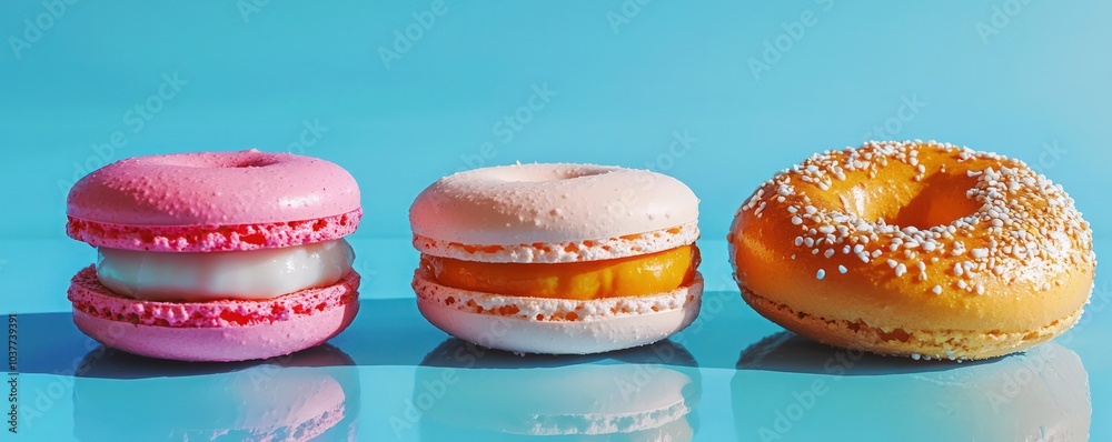 Macaroons and Bagel Display: Colorful macaroons and a sweet bagel arranged on a blue table, ideal for social media and blogging. Macaroons and Bagel Display: Colorful macaroons and a sweet bagel arranged on a blue table, ideal for social media and blogging.