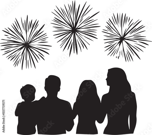 New year celebration, Silhouette of a family watching a fireworks vector silhouette