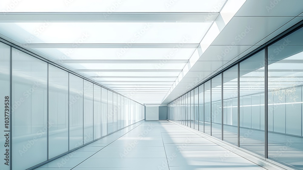 Bright and modern glass hallway with natural sunlight reflecting on the floor Bright and modern glass hallway with natural sunlight reflecting on the floor