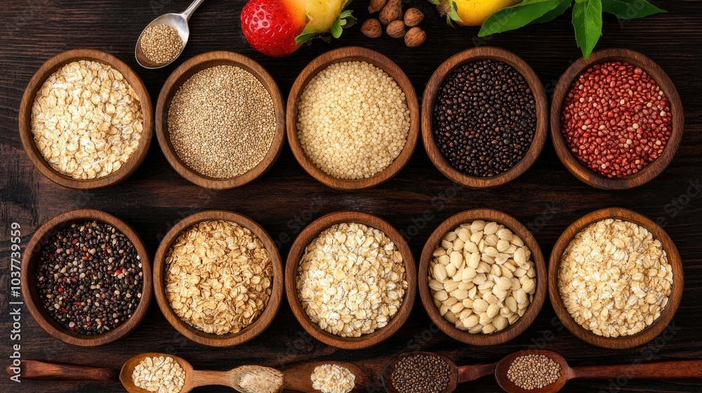 Variety of Healthy Grains and Seeds in Wooden Bowls Variety of Healthy Grains and Seeds in Wooden Bowls