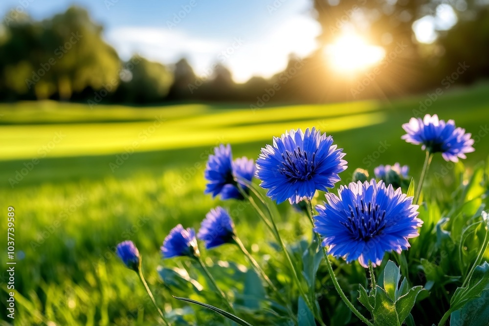 Obraz premium Centaurea dealbata alongside other wildflowers, basking in the sunlight in an expansive meadow