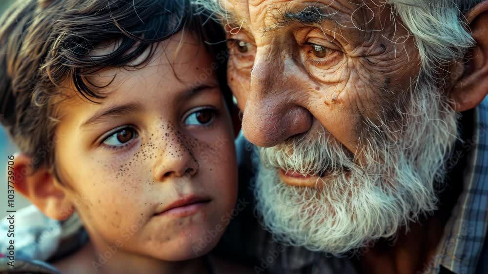 A young boy with freckles looks intently at an older man with a white beard A young boy with freckles looks intently at an older man with a white beard