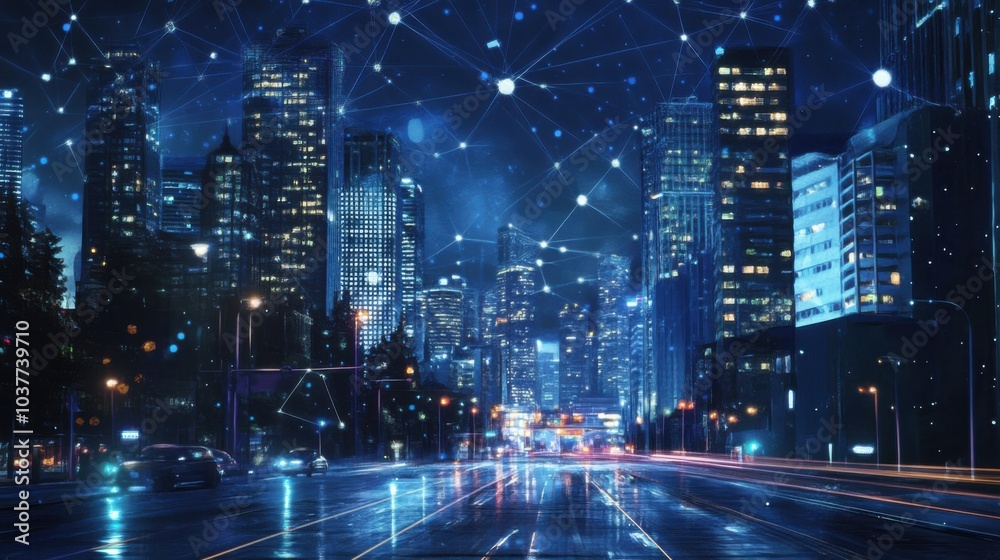 A futuristic cityscape illuminated by digital connections. A futuristic cityscape illuminated by digital connections.