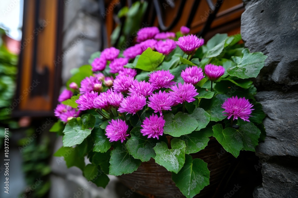 Fototapeta premium Centaurea dealbata flowers in a gothic courtyard, with their soft pink petals contrasting against dark, twisted vines