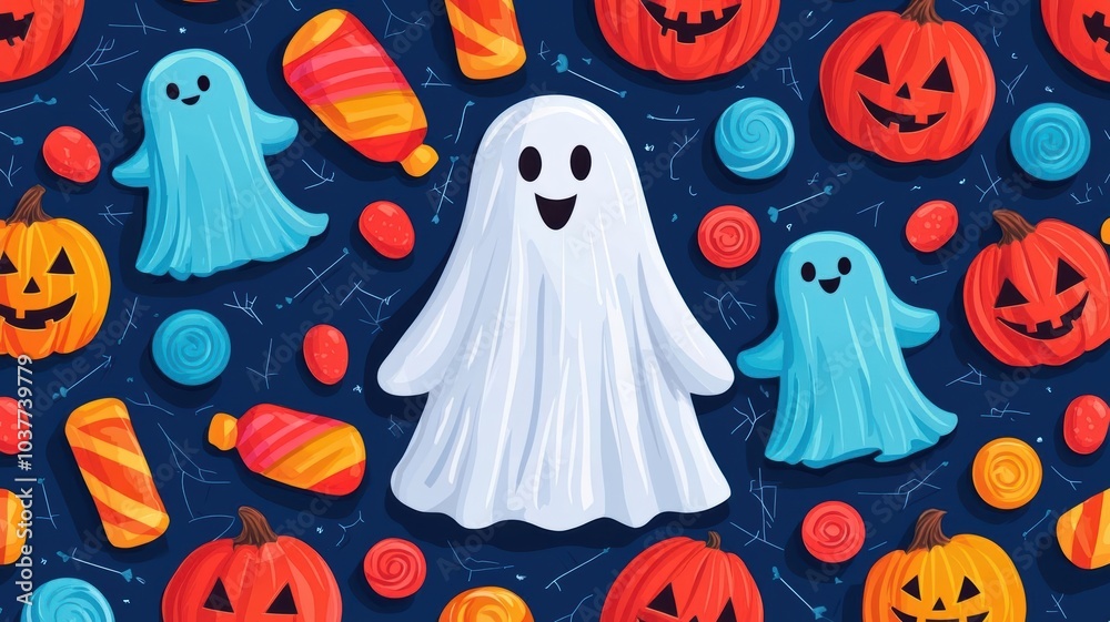 Cartoonish Boo with playful ghosts and candy, bright Halloween scene