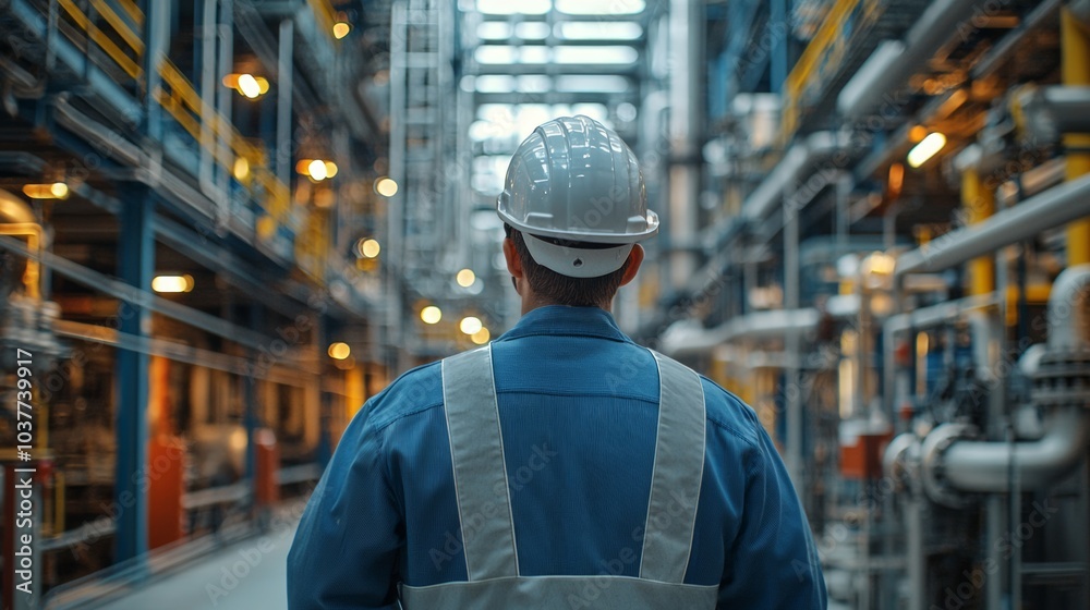 Factory worker inspecting machinery in a large industrial facility Factory worker inspecting machinery in a large industrial facility