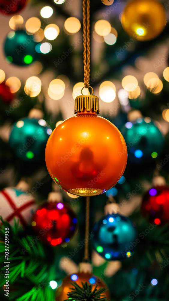 shiny ornament hangs from a decorated christmas tree