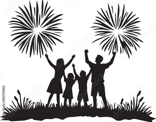 Happy new year fireworks, Silhouette of a family watching a fireworks display at night, silhouette vector