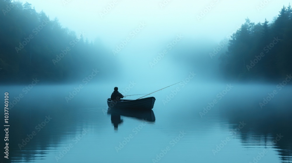 A solitary fisherman in a misty lake at dawn. A solitary fisherman in a misty lake at dawn.