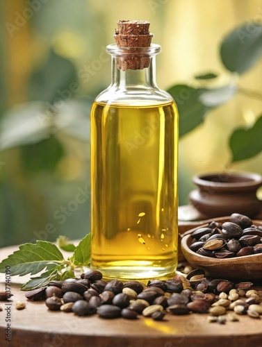 A glass bottle of castor oil is placed on a clean countertop, surrounded by castor seeds and a few sprigs of castor plant leaves.