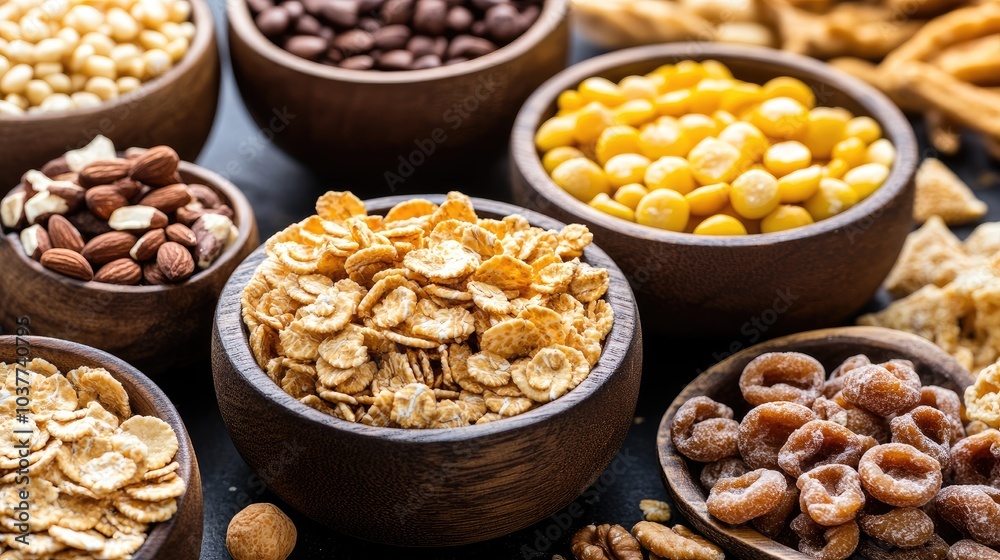 Assorted Nuts and Cereals in Wooden Bowls Assorted Nuts and Cereals in Wooden Bowls