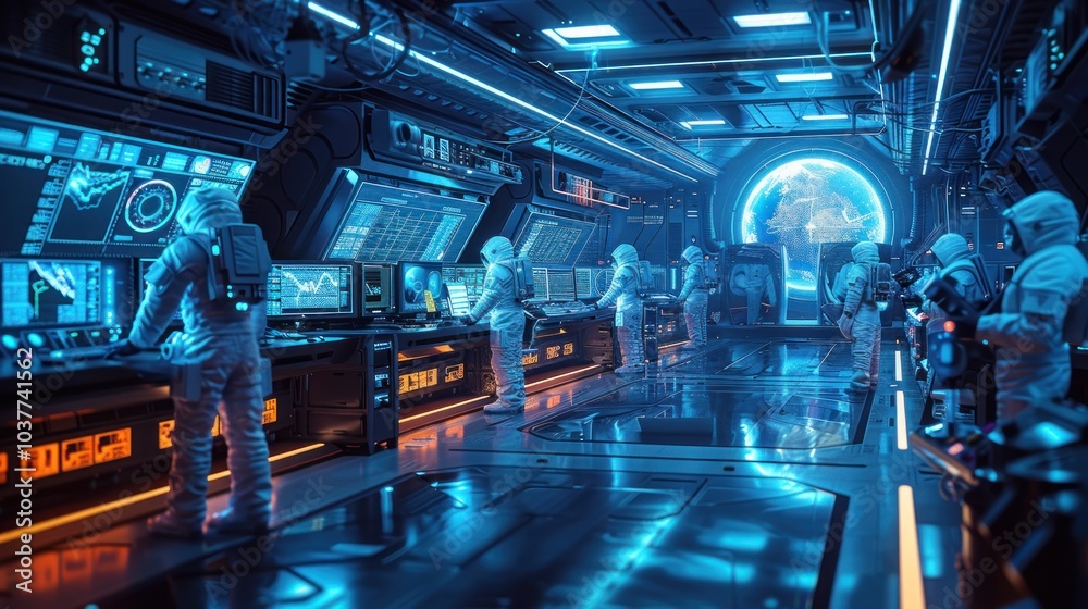 Astronauts in futuristic spaceship control room Astronauts in futuristic spaceship control room