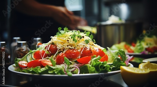 A close-up of salad ingredients lying in a professional kitchen in an Italian restaurant tomatoes lettuce leave ham cheese sauces
