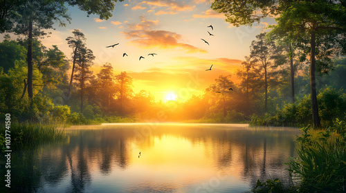 Serene Sunrise Over Reflective Lake Surrounded by Lush Greenery and Tall Trees