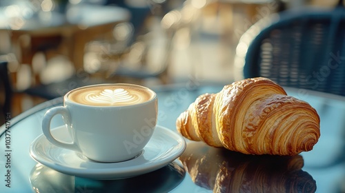 A cup of fragrant cappuccino and a warm croissant on a glass table on the terrace of the cafe