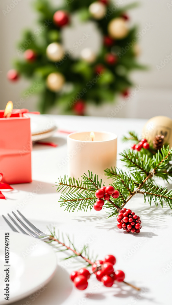 festive table setting with candlelight pine sprigs festive table setting with candlelight pine sprigs