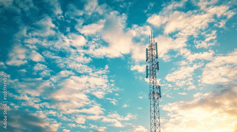 Tall communication tower standing against a bright blue sky with clouds Tall communication tower standing against a bright blue sky with clouds
