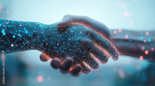 A double exposure of a handshake with transparent quantum circuits overlaying, representing trust and collaboration in the tech industry. Minimal and Simple style