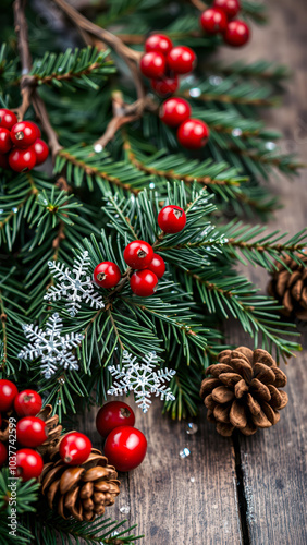 evergreen sprig with red berries silver snowflakes