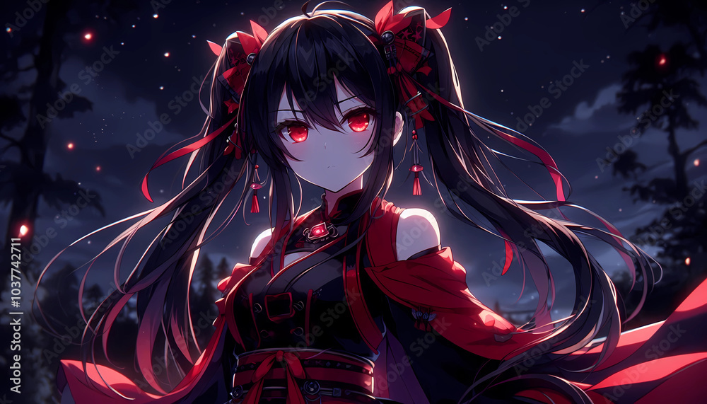 Naklejka premium Cute Anime girl in a red dress, against the background of the night
