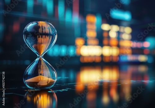 An hourglass with orange sand against a blurred financial backdrop.