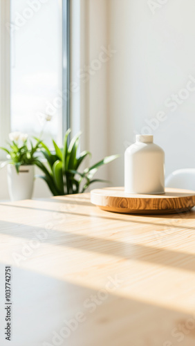 Wallpaper Mural white vase on a wooden table with sunbeams Torontodigital.ca
