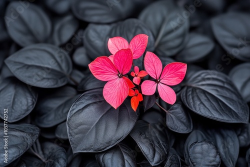 Lamprocapnos spectabilis in a dark gothic setting, its pink heart-shaped blooms standing out against deep black shadows photo