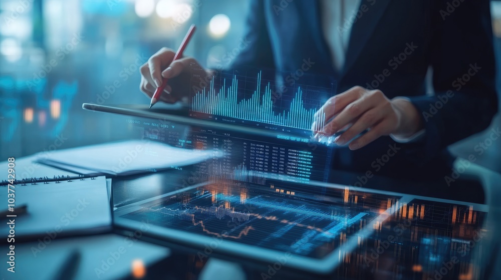 Businesswoman Analyzing Data with Digital Tools Businesswoman Analyzing Data with Digital Tools