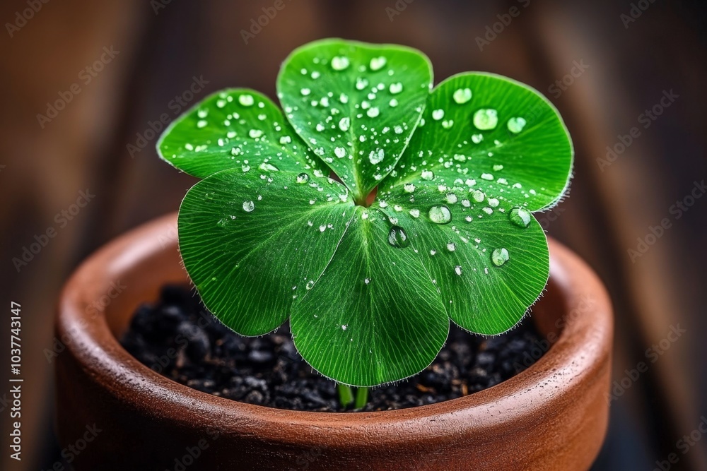 Lucky clover in a planter, with dew drops glistening on its four-leafed stems Lucky clover in a planter, with dew drops glistening on its four-leafed stems