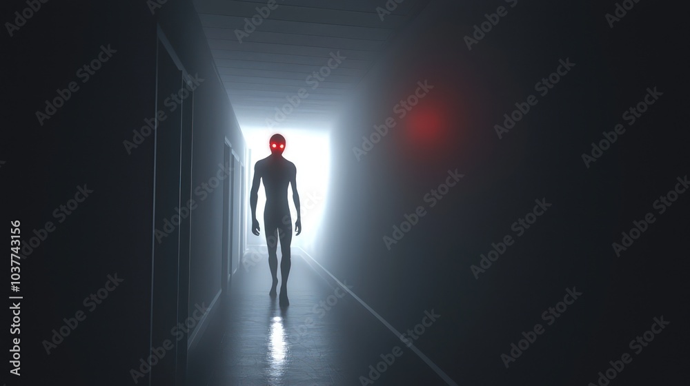 Mysterious figure with glowing red eyes lurking in a shadowy corridor, creating an eerie vibe