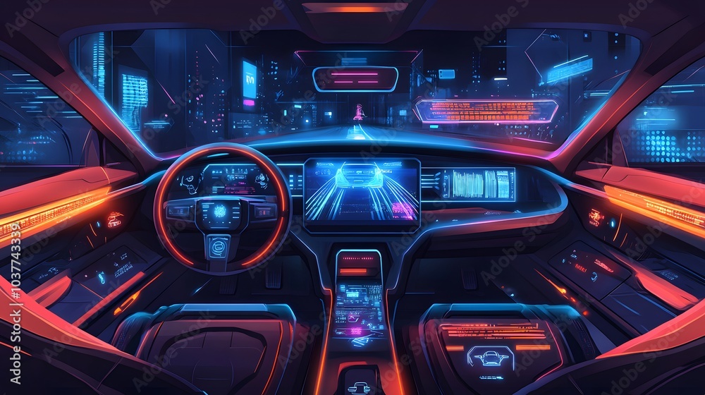 Car interior with Self driving , Auto pilot and internet of thin futuristic . icon illustration . Autonomous car system technology concept . Car interior with Self driving , Auto pilot and internet of thin futuristic . icon illustration . Autonomous car system technology concept .