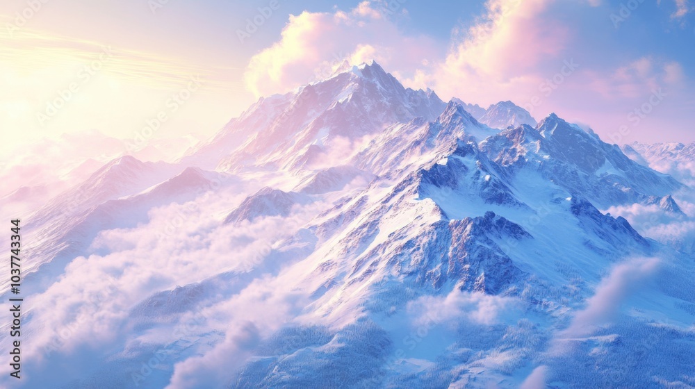 Serene mountain landscape bathed in soft pastel light. Serene mountain landscape bathed in soft pastel light.