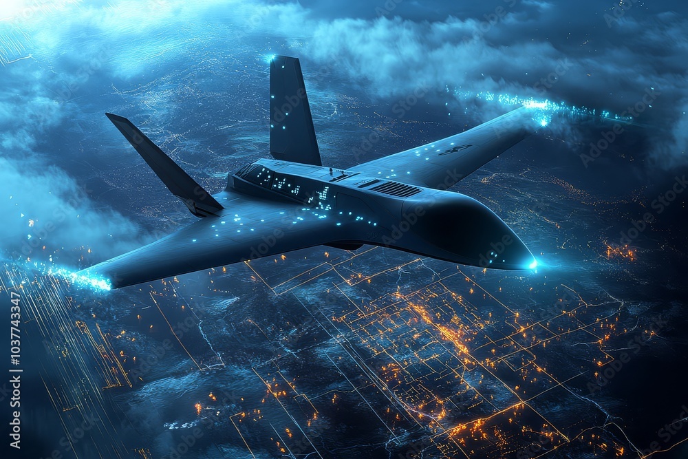 Obraz premium Futuristic stealth aircraft flying over city at night