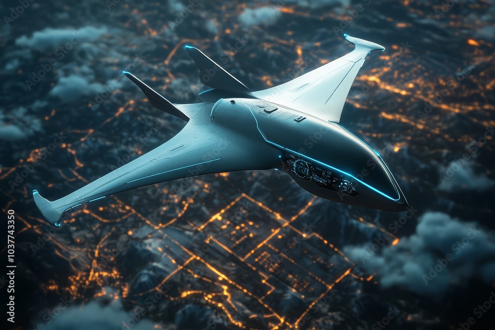Fototapeta premium Futuristic stealth aircraft flying over city at night