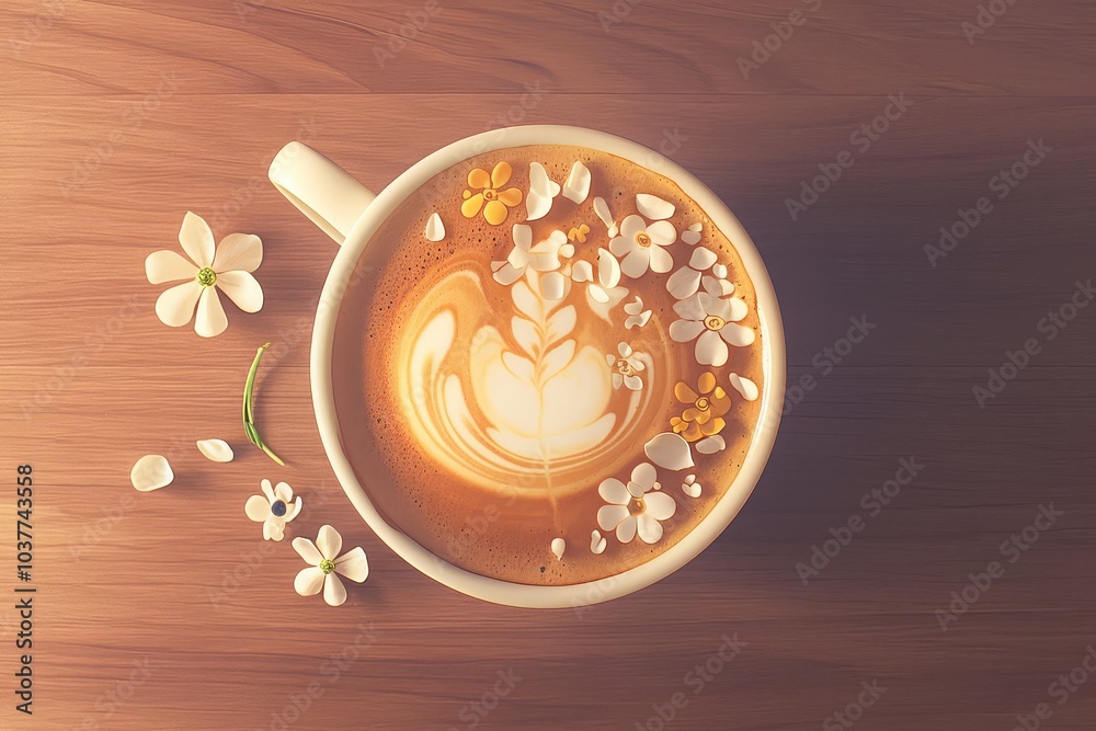 Latte art flower design in coffee cup Latte art flower design in coffee cup