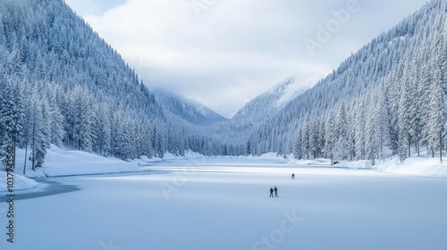 Serene Winter Landscape with Skiers in Snowy Valley