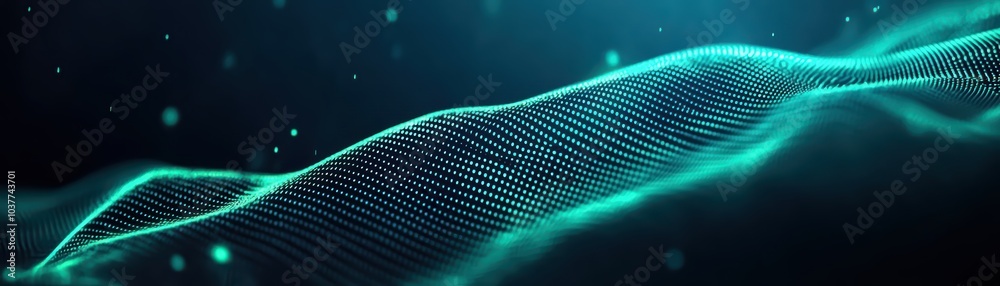 Abstract wave of glowing particles, creating a digital landscape on a dark background.