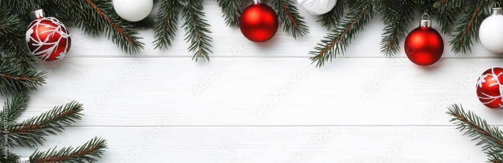 Green fir branches adorned with red and white baubles on white wooden background. Classic Christmas decoration. Banner. Green fir branches adorned with red and white baubles on white wooden background. Classic Christmas decoration. Banner.