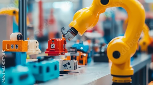 A robotic toy manufacturing factory, vibrant production line with colorful educational robots being assembled, Educational Robotics style