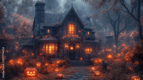 A spooky, illuminated house surrounded by glowing pumpkins.