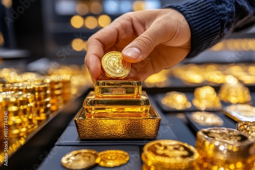 Person buying gold at a jewelry store on Dhanteras, with rows of sparkling necklaces, rings, and coins displayed elegantly