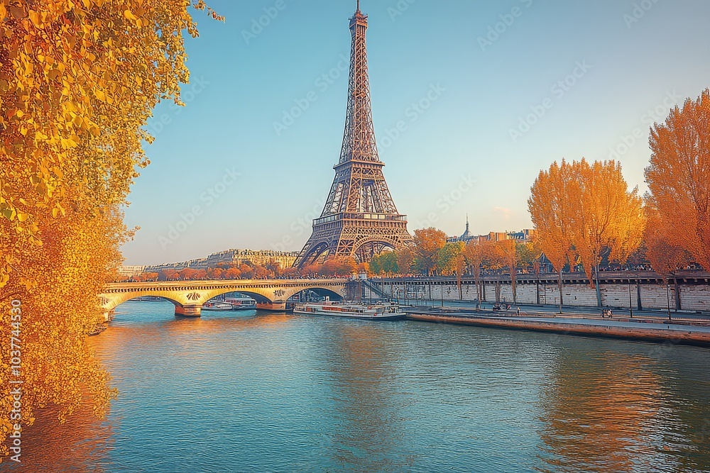 Obraz premium Tower by the Seine River during autumn